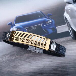 Unisex Bracelet Gold Stainless Steel Cuff Bangle Faux Leather Accessory Gift